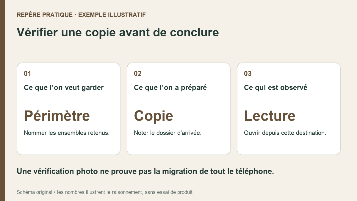 Trois cartes décrivent le périmètre photo, sa copie et le contrôle de lecture.